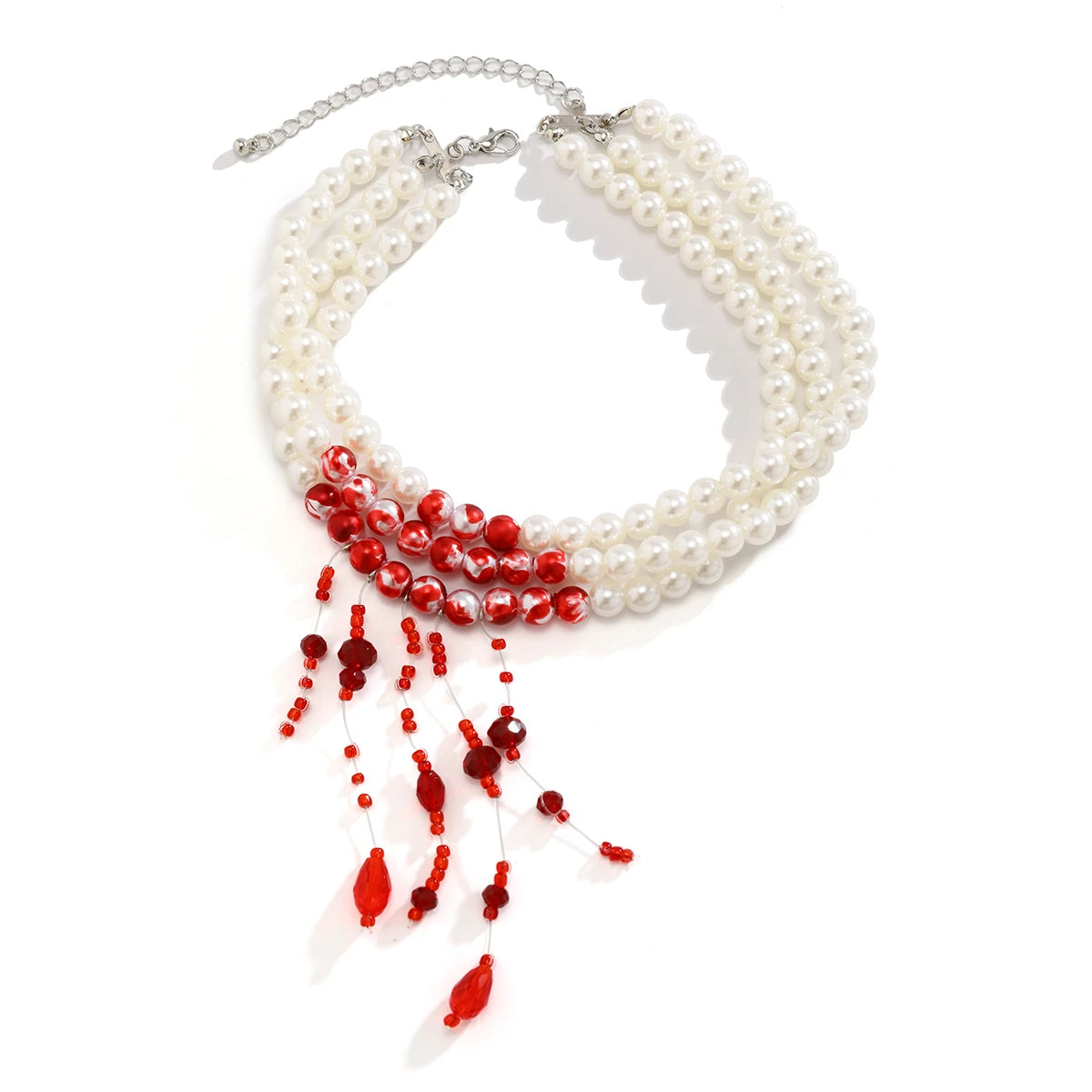 Red Blood Pattern Imitation Pearl Tassel Necklace for Women