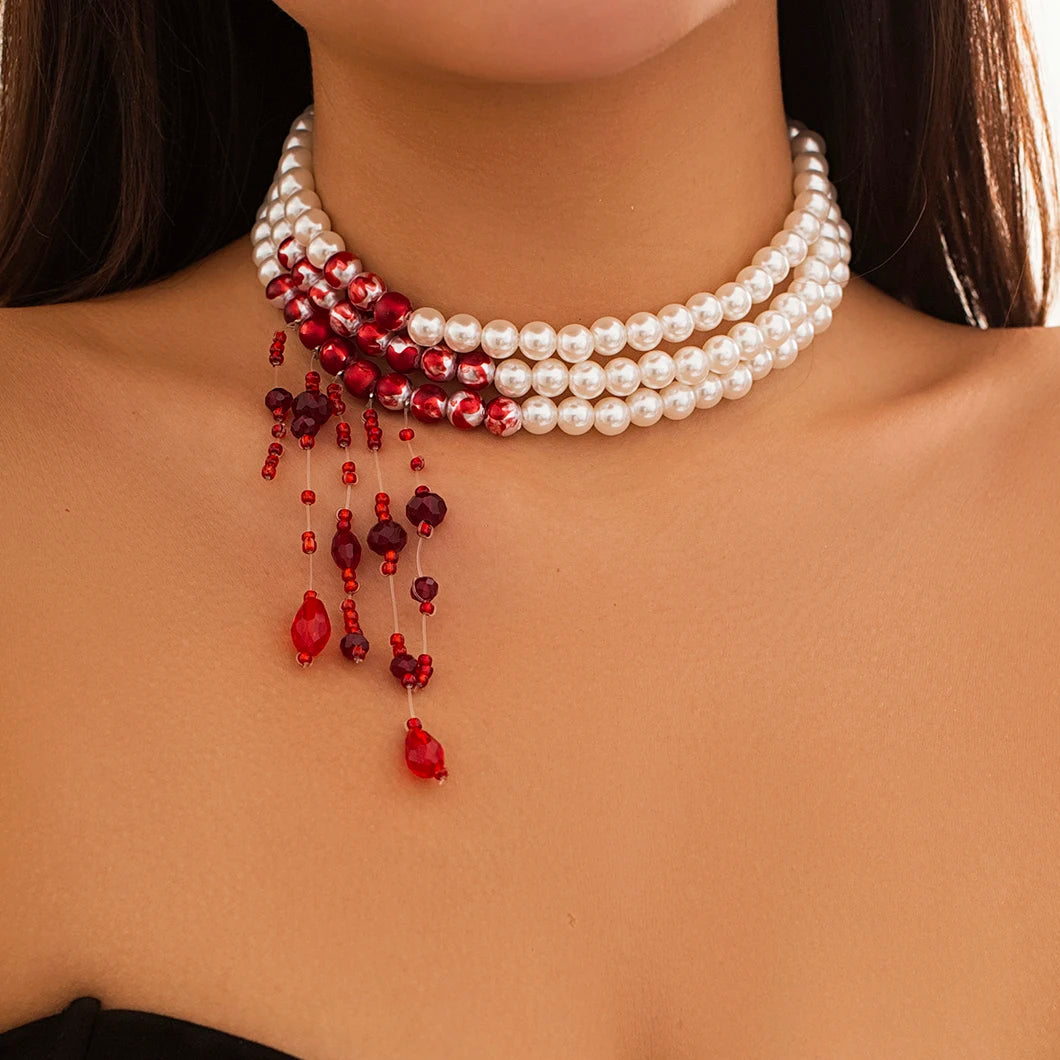 Red Blood Pattern Imitation Pearl Tassel Necklace for Women