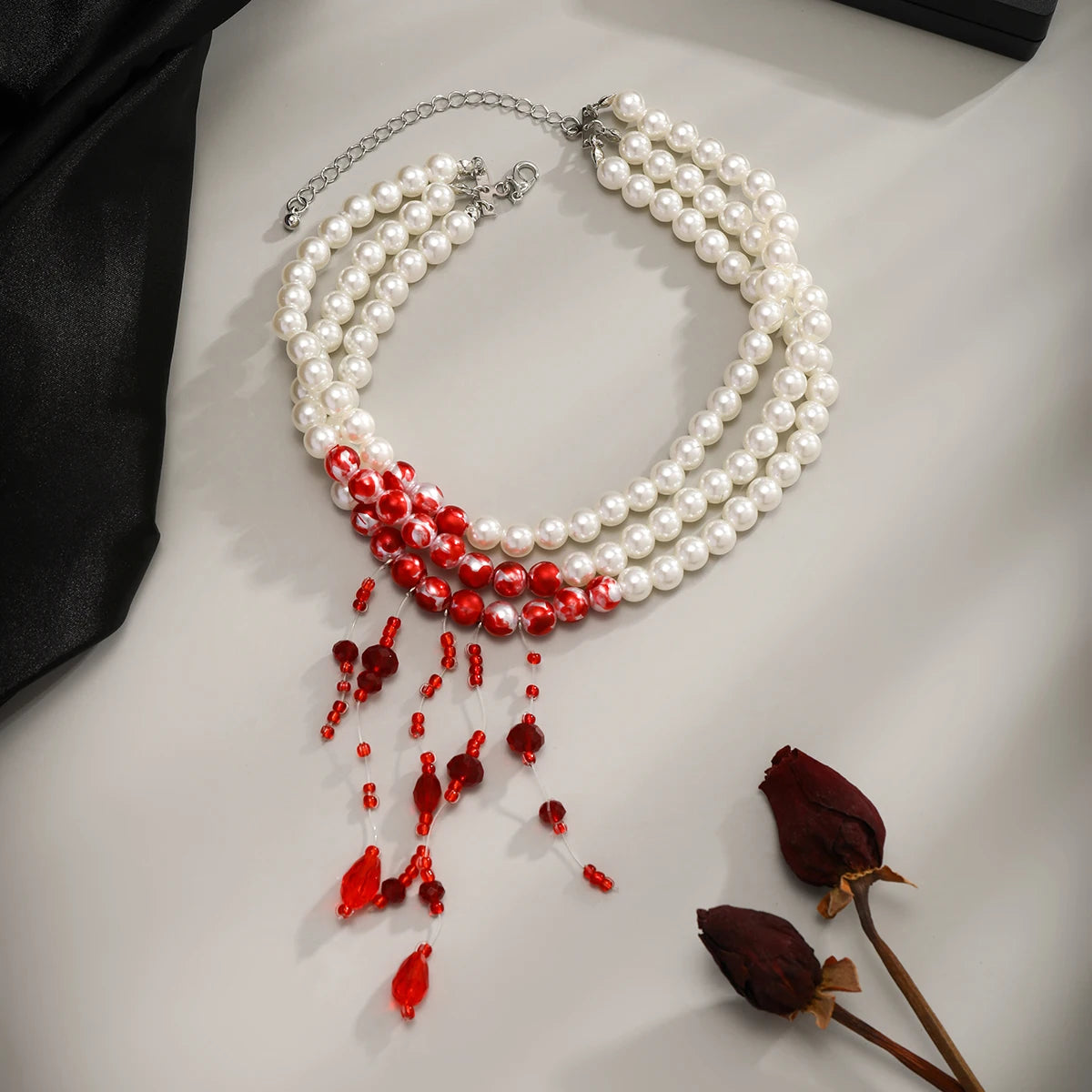 Red Blood Pattern Imitation Pearl Tassel Necklace for Women