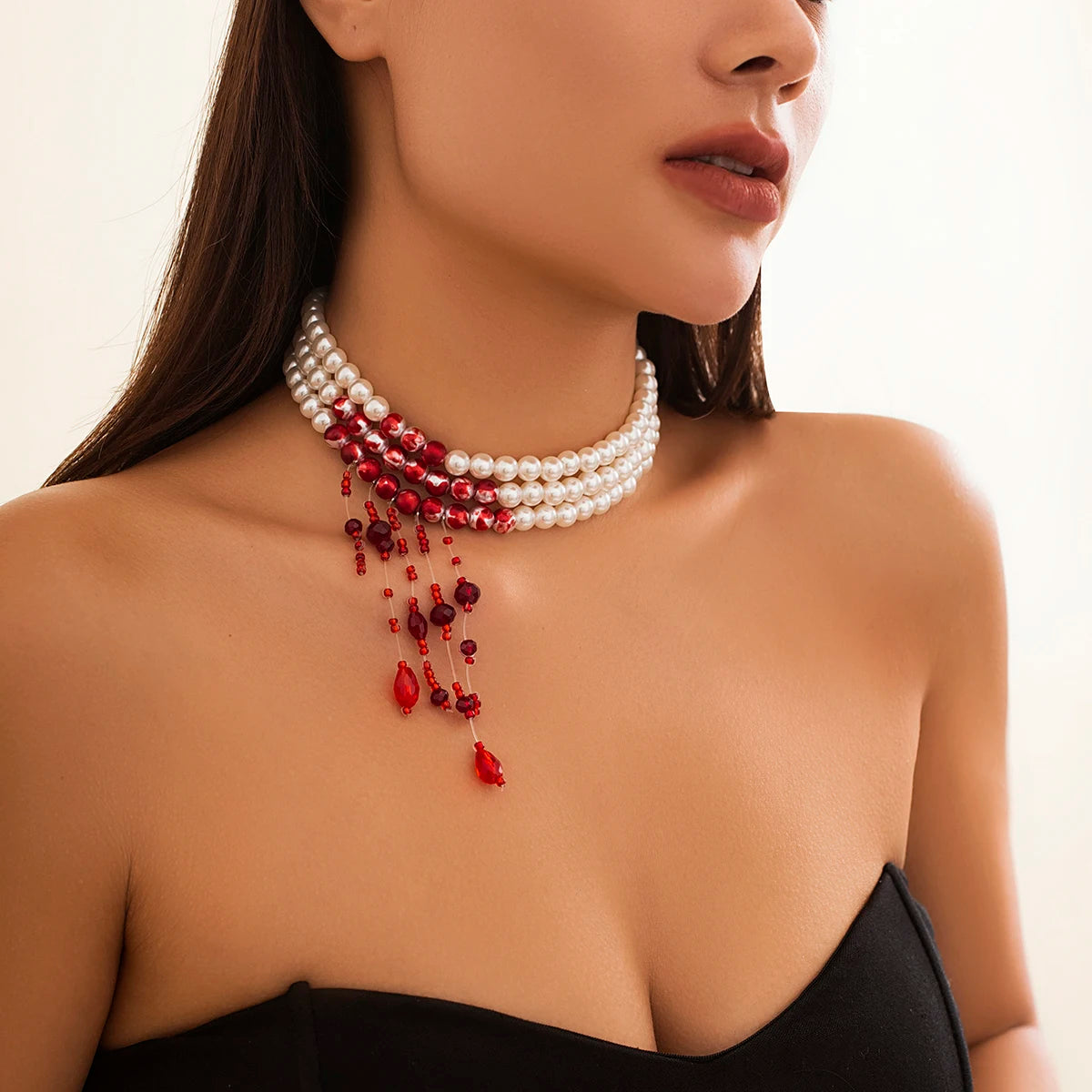 Red Blood Pattern Imitation Pearl Tassel Necklace for Women