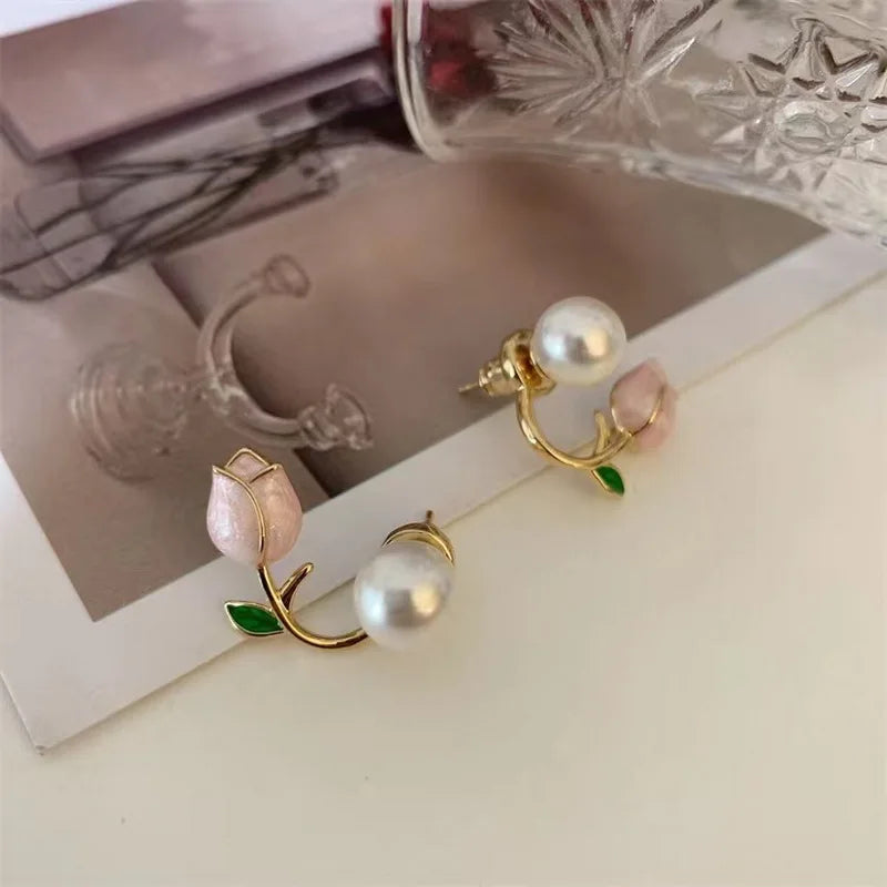 Pearl Tulip Flower Stud Earrings