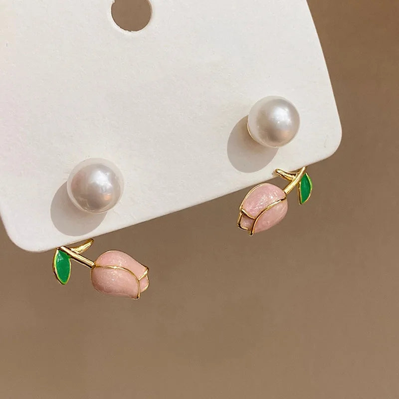 Pearl Tulip Flower Stud Earrings